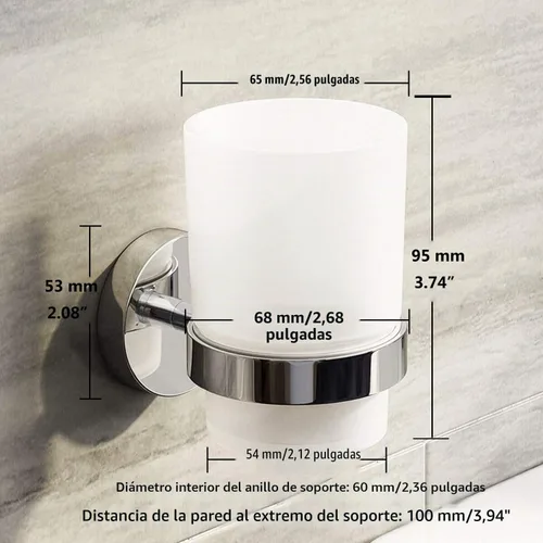 Vista 5 de Vaso de vidrio para cepillo de dientes con soporte de acero inoxidable para montaje en pared cromado