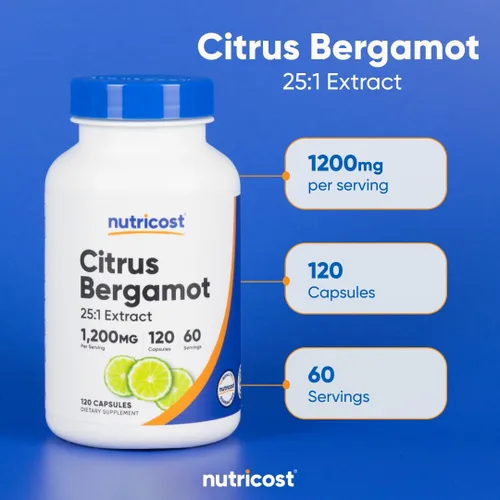 Vista 6 de Nutricost Cápsulas de bergamota cítrica de 1,200 mg, 120 cápsulas - Extracto de bergamota 25:1 - 60 porciones, sin gluten, vegano y sin OMG