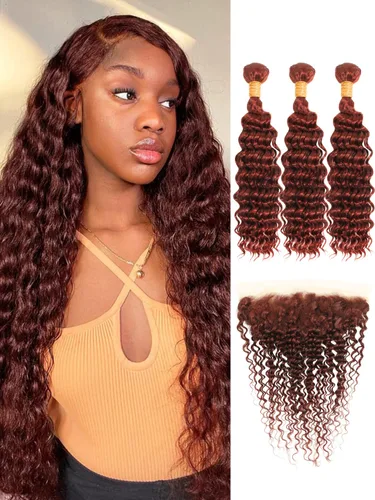 Vista 29 de Cabello Humano Rizado Castaño Rojizo, Trama Gruesa Castaño Cobrizo Rojo Coloreado Ondas Profundas Paquetes Individuales Cabello Humano 12A Tejido