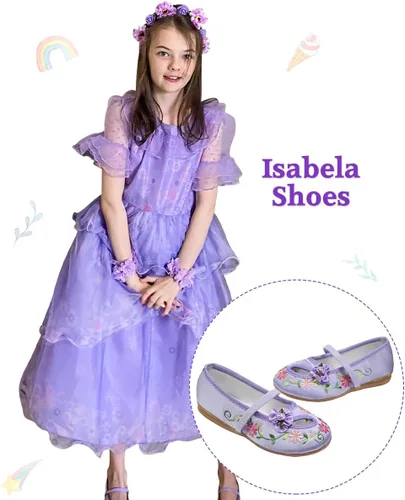 Vista 2 de Encanto Mirabel Isabela Zapatos para niñas, disfraz de cosplay, vestido bordado Mary-Jane, zapatos de ballet morados