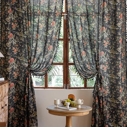 Vista 21 de Cortinas florales de granja semiopacas para sala de estar, de 63 pulgadas de largo, mezcla de lino y algodón, paneles de cortina de ventana cortos