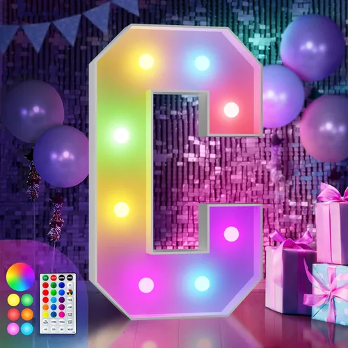 Vista 22 de Imprsv Letras coloridas de marquesina de 3 pies y letras grandes iluminadas RGB con control remoto, decoraciones de fiesta de cumpleaños Carta