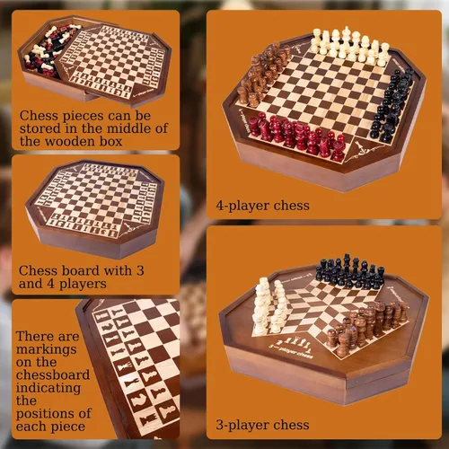 Vista 4 de Juego de mesa de ajedrez de madera para 3 o 4 jugadores, juego de ajedrez, juego IQ, un tablero de ajedrez con posiciones marcadas de piezas