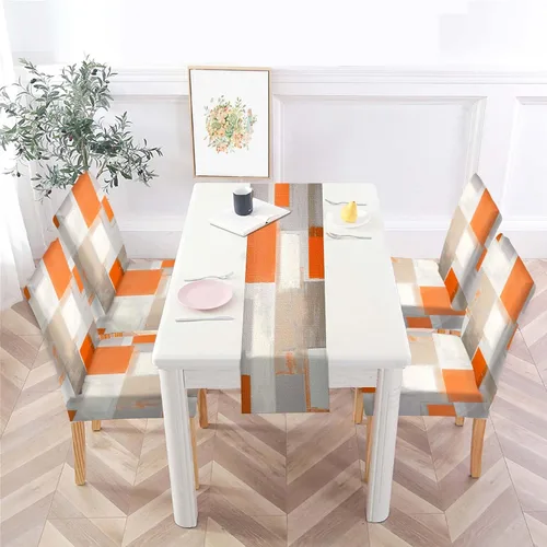 Vista 5 de MCALK Juego de 4 fundas para sillas color marrón y mantel para mesa, fundas elásticas color gris oscuro para sillas de cocina, fundas protectoras