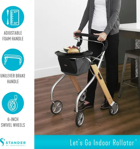 Vista 5 de Stander Let's Go - Andador para interiores, ligero de cuatro ruedas estilo europeo con bandeja, ayuda de movilidad plegable para personas mayores