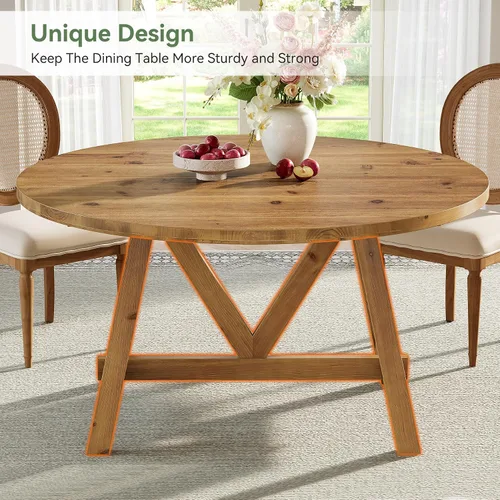 Vista 8 de Mesa de comedor de madera maciza de 47 pulgadas para 4-6, mesa de cocina redonda de granja con patas de madera resistentes, mesas de comedor