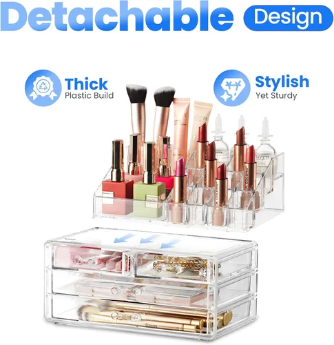Vista 10 de Masirs Organizador de maquillaje transparente – 16 compartimentos para cosméticos y joyas con 4 cajones – Caja de almacenamiento para maquillaje
