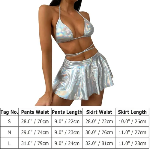 Vista 6 de Traje de rave metálico para mujer, top corto brillante, falda con flecos, traje de baño, festivales de música, Halloween, cosplay, disfraz