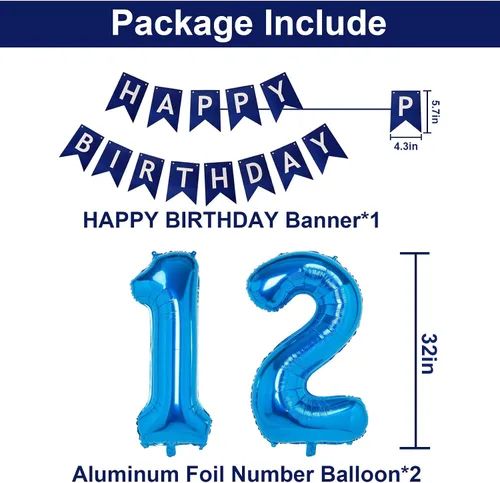 Vista 3 de Decoraciones de fiesta de cumpleaños azul número 12 para niños y niñas, suministros de globos de cumpleaños feliz número 12 con pancarta de feliz