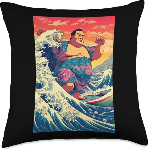 Vista 5 de Funny Wave Sumo Surfer Japanese Designs Funny Sumo Wrestler Surfing on Kanagawa Wave - Almohada de 16 x 16 pulgadas, multicolor