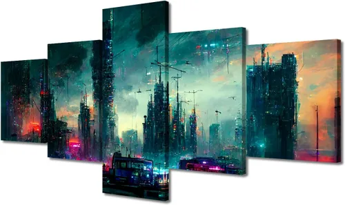 Vista 103 de Cuadros de 5 paneles de Cyberpunk City, arte de pared, representación de vallas publicitarias, edificios modernos en la capital con obras de arte