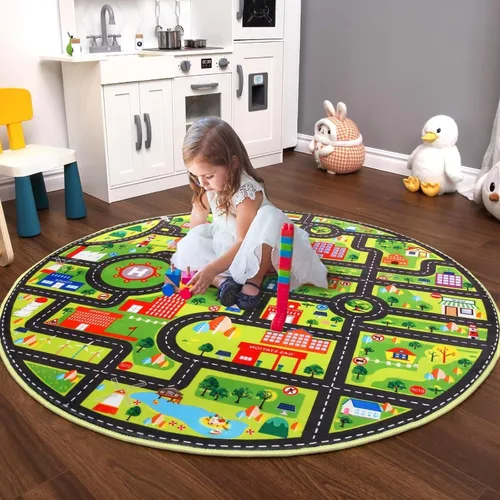 Vista 2 de NANAN Alfombra de juego para niños de 4 x 4 pulgadas, alfombra de coche, alfombra de juegos para niños pequeños, alfombra circular para niños, sala