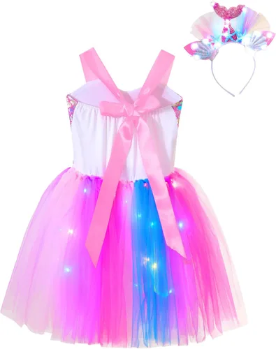 Vista 4 de CHICTRY Disfraz de sirena para niños y niñas, vestido de tutú de sirena con luz LED, vestido de Halloween para festival, cosplay, vestido de fantasía