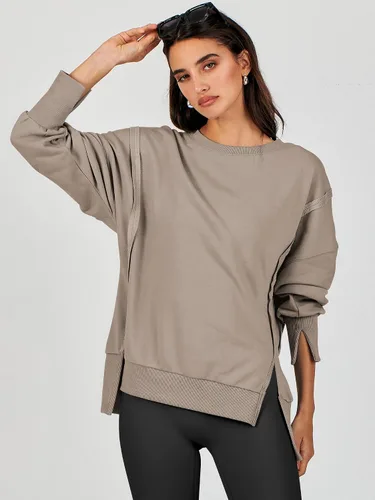 Vista 4 de Caracilia Sudadera de gran tamaño para mujer, cuello redondo, manga larga, sudadera con capucha, ropa de otoño a la moda