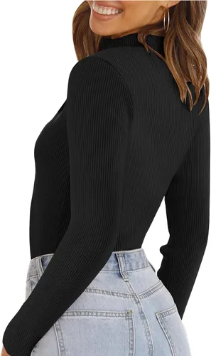 Vista 2 de Klousilover Suéter de manga larga con cremallera de un cuarto para mujer, moda de otoño 2023, suéter de punto ajustado