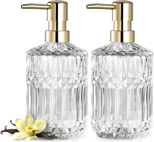 Vista 19 de EMPO Dispensador de jabón de vidrio transparente con bomba de plástico ABS, dispensadores de loción de cristal para fregadero de cocina, baño Negro