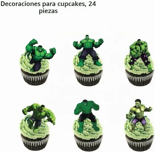 Vista 2 de Hulk - 24 decoraciones para tartas de Hulk, decoración de pasteles, suministros de fiesta de cumpleaños de Hulk (14)