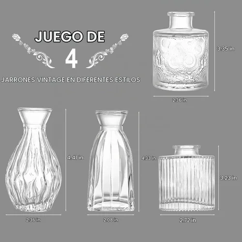 Vista 2 de Jarrones de Cristal Transparente Juego de 4 Jarrones Pequeños para Centros de Mesa, Jarrones de Flores de Cristal Vintage a Granel Adecuados