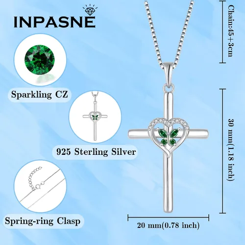 Vista 6 de Inpasne Collar de cruz de mariposa para mujer, plata de ley 925, con colgante de crucifijo, collar de piedra natal, joyería de regalo para mujeres