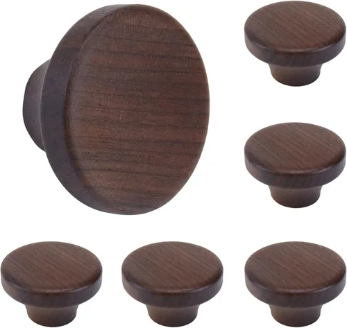 Vista 10 de 6 piezas de tiradores redondos de madera con orificio único para cajones, pomos de gabinete de 1.56" con un orificio, accesorios de hardware