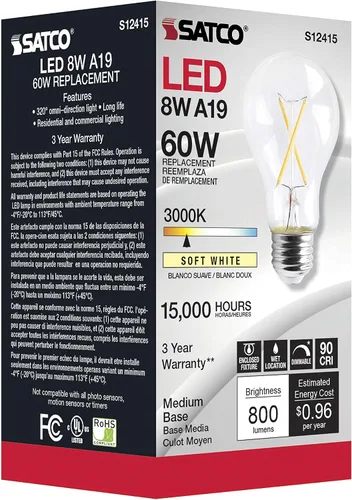 Vista 5 de Satco Bombillas LED transparentes A19 de 8 W, base media, 3000 K, blanco suave, 120 voltios (paquete de 6)