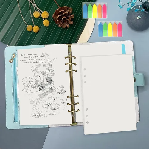 Vista 6 de Harphia A5 - Juego de 6 agujeros de relleno de carpeta, 90 hojas sueltas en blanco liso con calcomanías y divisores, insertos de planificador