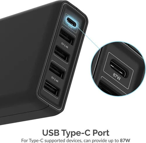 Vista 3 de SABRENT Estación de carga de cargador inteligente USB A y USB tipo C PD de 5 puertos de 114 W (AX-LPD5)