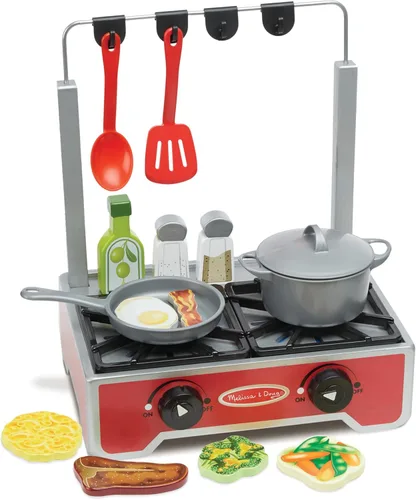 Vista 4 de Melissa & Doug Juego de cocina de madera de lujo de 19 piezas con comida de madera, olla y sartén duraderos