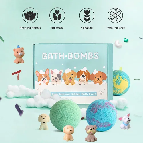 Vista 10 de Bombas de baño para niños con sorpresa interior para niñas, niños y bebés, paquete de 20 bombas de baño orgánicas para niños con muñecos de cachorro