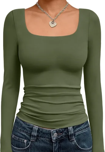 Vista 22 de Trendy Queen - Camisas ombligueras para mujer, manga larga, cuello cuadrado, básicas, para salir, de invierno, Y2K Albaricoque