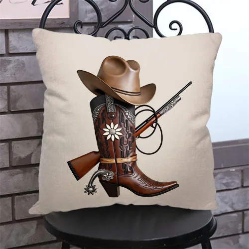 Vista 3 de Fundas de almohada de lino y algodón, botas de vaquero occidental, sombrero, fundas de almohada para sofá, cama, decoración del hogar, 18 x 18