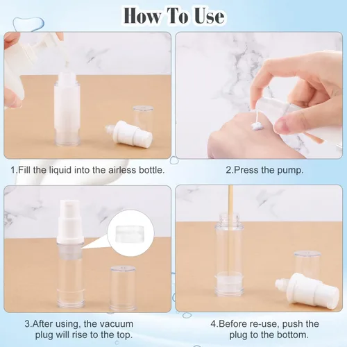 Vista 4 de Botella de bomba sin aire de 0.2 fl oz/0.17 oz, dispensador de vacío sin aire de plástico recargable, portátil, transparente, para muestras