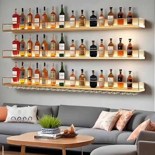 Vista 3 de Estante de metal para vino montado en la pared con luces LED, estantes flotantes de bar de 3 niveles con estante para copas de vino, estante grande