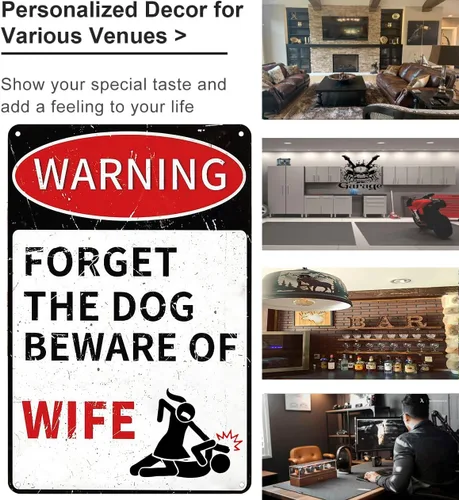 Vista 2 de Crzaysign Regalos para Hombres Letrero de Lata Vintage de Advertencia con texto en inglés «Beware of Wife Forget The Dog» para Cueva de Hombre