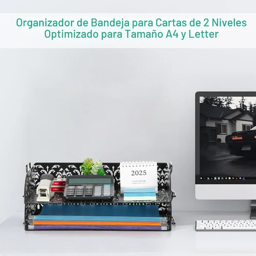 Vista 3 de EasyPAG, charola para escritorio de 2 niveles para cartas, diseño calado de flores, Negro