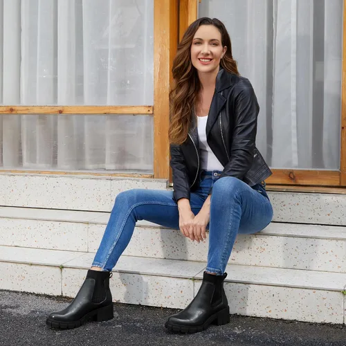 Vista 2 de JABASIC Botas de tobillo gruesas para mujer, botas Chelsea elásticas