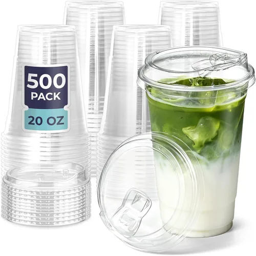 Vista 18 de Fit Meal Prep Paquete de 50 vasos de plástico transparente de 12 onzas con tapas sin pajilla, tazas de café de plástico desechables con tapas, tazas