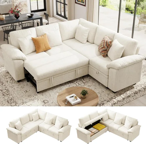 Vista 28 de Ihanherry Sofá modular de 86 pulgadas con cama extraíble, sofá cama modular en forma de L de 4 plazas con otomana de almacenamiento, sofás Verde