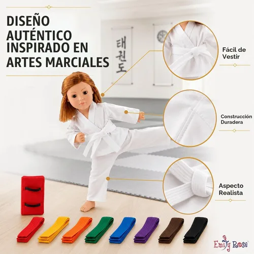 Vista 7 de Emily Rose Conjunto de karate de muñeca de 18 pulgadas - Juego de 11 piezas de Taekwondo Gi con cinturones