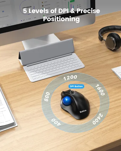 Vista 5 de SABLUTE MAM2 - Ratón inalámbrico de Trackball con DPI de 5 niveles, mouse ergonómico inalámbrico 2.4G Plug-and-Play para 3 dispositivos