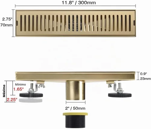 Vista 5 de Desagüe lineal de ducha dorado cepillado de 12 pulgadas, rejilla rectangular extraíble con patrón de cápsula de drenaje de ducha con adaptador