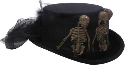 Vista 2 de Sombrero de copa de vudú para mujer con calavera y esqueleto de encaje, disfraz de Halloween, cosplay, disfraz steampunk, bruja, médico, mago vudú
