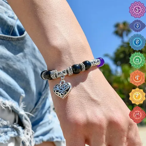Vista 2 de Pulsera de 7 chakras, pulsera de 7 chakras, amor supremo, religión curativa piedras reales pulseras de yoga y reiki, Gema Piedra, Ágata
