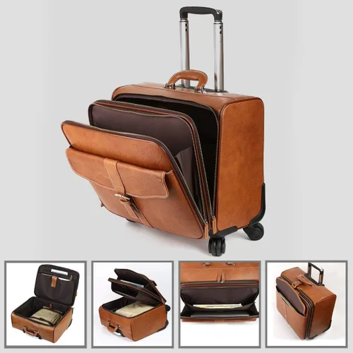 Vista 5 de Leathario Maleta con ruedas de cuero para laptop, maletín con ruedas, Marrón, XL