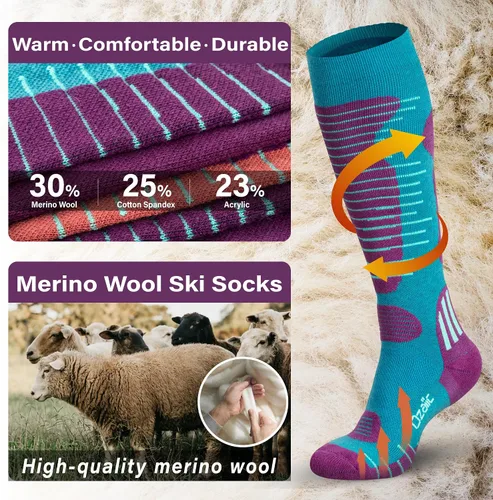 Vista 2 de Calcetines de esquí de lana merino para hombre y mujer, 2 pares para esquí, snowboard, térmicos hasta la rodilla, calcetines de rendimiento