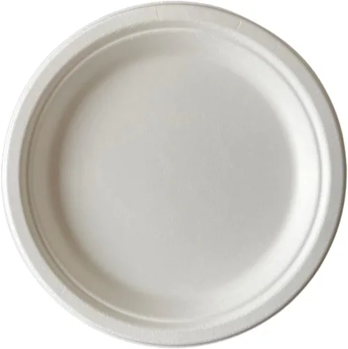 Vista 6 de Platos redondos 100% compostables [9 pulgadas - 125 unidades] Platos desechables a granel resistentes Platos reciclables blancos ecológicos