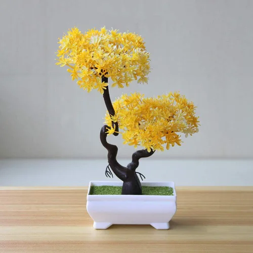 Vista 6 de Flores artificiales para exteriores, árbol artificial bonsái, adorno falso en maceta para el escritorio del hogar, jardín, escenario, oficina, boda