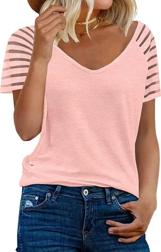 Vista 10 de MIHOLL - Blusa de manga corta con cuello en V y encaje para mujer, estilo casual holgado 01_ Negro