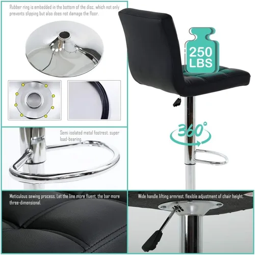 Vista 5 de Juego de 2 taburetes de bar de piel sintética con altura de mostrador, taburetes de bar ajustables en altura, silla de bar, taburete de cocina, Negro