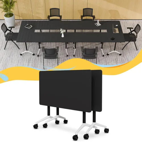 Vista 34 de Mesa de conferencias plegable con ruedas, mesa modular para sala de conferencias con 2 ojales para cables, mesas móviles de sala de reuniones